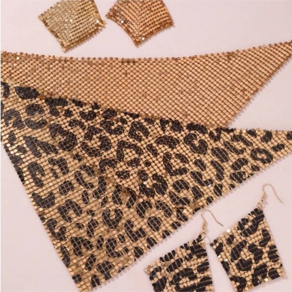 Leopard Print Gold Statement Necklace and Earring Set - Picture 4 of 6